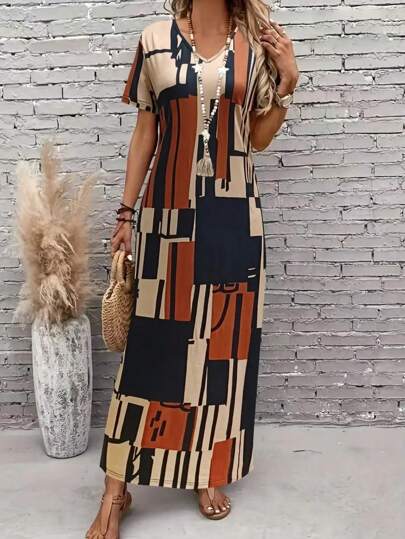 V-Neck Floral Printed Slimming And Elegant Dress, Summer New Arrival