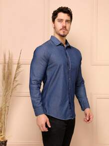 Denim Dress Shirt - Navy Blue - View 3