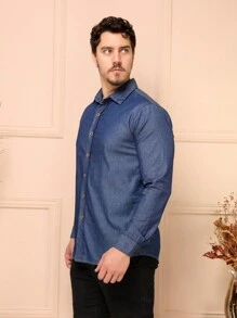 Denim Dress Shirt - Navy Blue - View 1