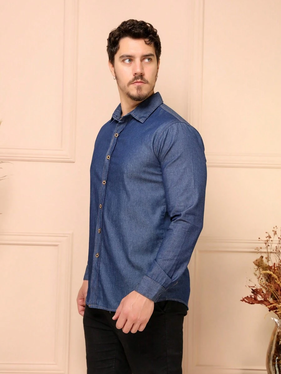 Denim Dress Shirt - Navy Blue - View 1