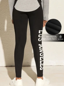 1 件装女孩运动户外黑色紧身裤，侧面字母印花高腰健身紧身裤 - 黑色 - 查看 2