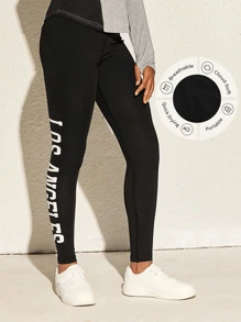 1 件装女孩运动户外黑色紧身裤，侧面字母印花高腰健身紧身裤 - 黑色 - 查看 1