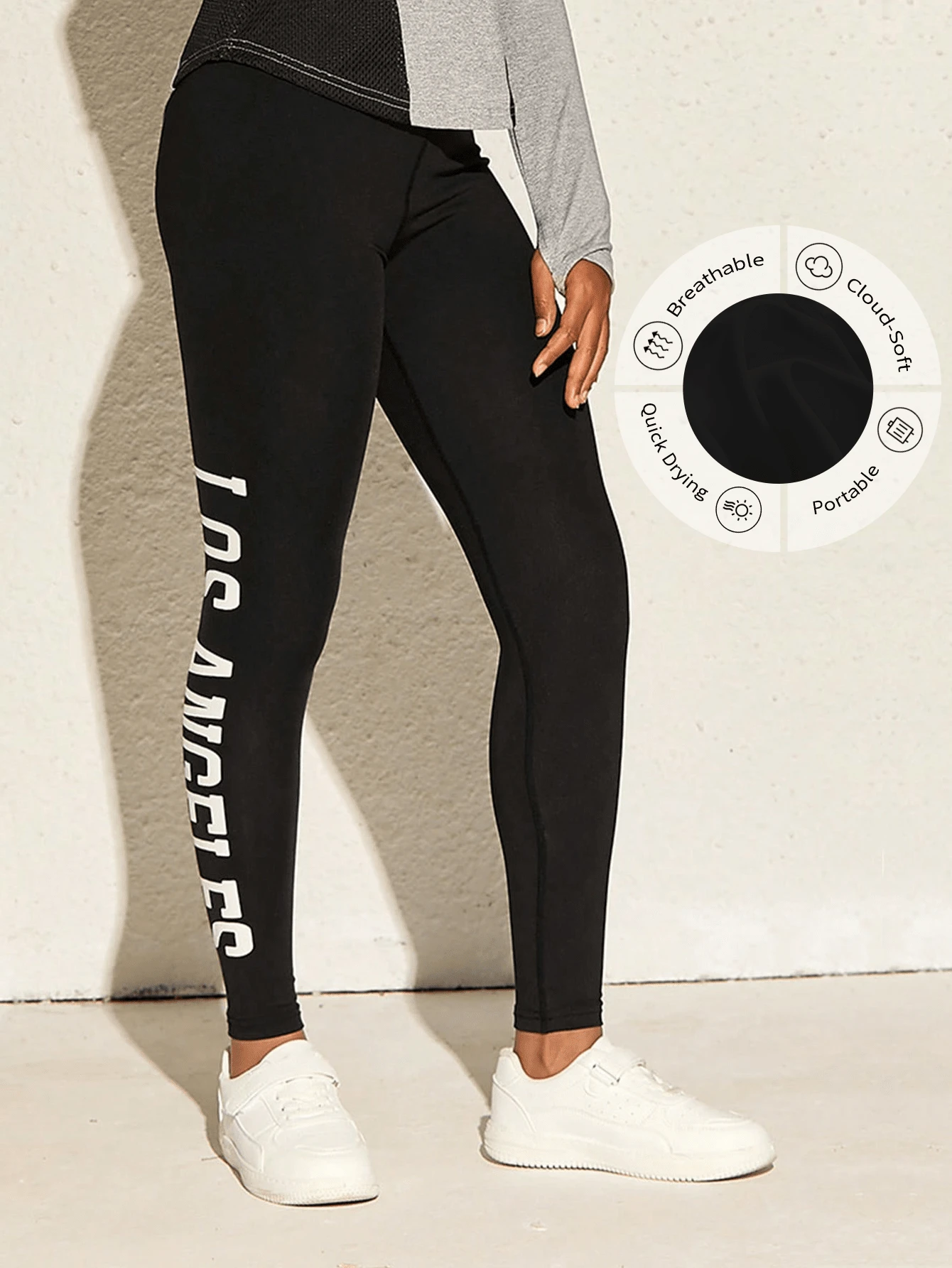 1 件装女孩运动户外黑色紧身裤，侧面字母印花高腰健身紧身裤 - 黑色 - 查看 1