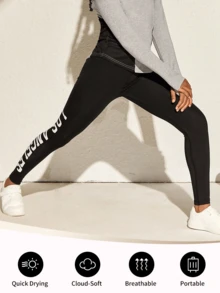 1 件装女孩运动户外黑色紧身裤，侧面字母印花高腰健身紧身裤 - 黑色 - 查看 5