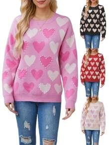 Women's Valentine's Day Knit Sweater Long Sleeve O Neck Peart Heart Print Knitwear, Suitable For Daily Wear, Comfortable Fabric And Beauty - Black - View 4