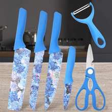 1 Juego de 6 Cuchillos de Acero Inoxidable y Mangos de Plástico con Coloridos Estampados Decorativos,6 Piezas de Utensilios de Cocina (Cuchillos) y Pelador con Hojas de Acero Inoxidable con Mangos Diseñados con Coloridos Estampados,Juego de Cuchillos de Cocina de Regalo Profesional,Juego de Cuchillos de Cocina Forjados de Acero Inoxidable de Alto Carbono,Juego de Cuchillos para Verduras,Cuchillos Afilados para Verduras,Juego de Cuchillos para Pelar y Picar para el Hogar,Simple y Hermoso para Picar una Variedad de Carne y Verduras,Adecuado para Herramientas de Cocina - Azul - Ver 5