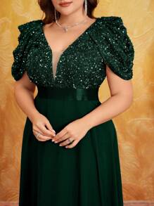 大码女式深 V 领泡泡袖喇叭下摆系腰亮片拼接优雅高端礼服、派对礼服、婚礼宾客礼服、舞会礼服、新娘礼服、生日服装、毕业礼服