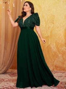 大码女式深 V 领泡泡袖喇叭下摆系腰亮片拼接优雅高端礼服、派对礼服、婚礼宾客礼服、舞会礼服、新娘礼服、生日服装、毕业礼服