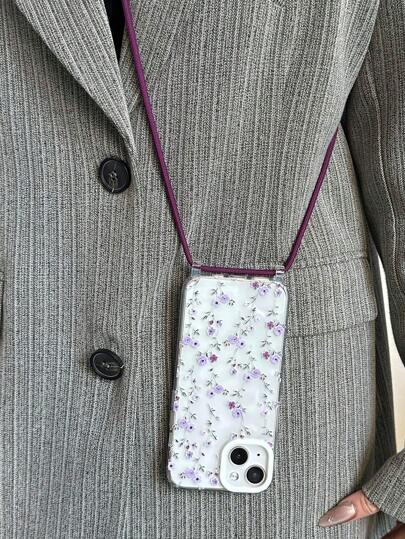 1 pezzo Custodia morbida in TPU trasparente con stampa di rose lavanda, con 1 pezzo di cinturino staccabile per spalla/tracolla, compatibile con 17/17 Pro/Air/17 Pro Max/15 Pro Max/15 Pro/15 Plus/11/12/12 Pro Max/13/13 Pro Max/14/14 Pro Max/14 Plus/16/16 Pro/16 Plus/16 Pro Max