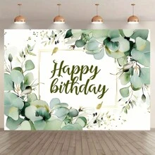 1pc Green Plant Birthday Background, Succulents And Eucalyptus Leaves Birthday Party Photography Background, Polyester Material, Blooming Eucalyptus Leaves Photo Background, Happy Birthday Party Decoration Supplies For Christmas Decorations, Indoor And Outdoor Wall Decoration, Multiple Sizes, Party Supplies