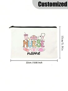 Custom Name Embroidered Makeup Bag - Perfect Gift For Doctors & Nurses, Ideal For Travel & Daily Use, Durable Canvas Zipper Pouch - Beige - View 2