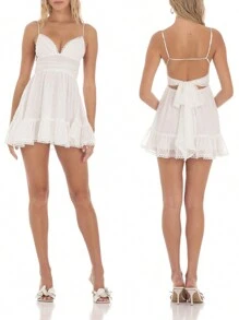 Women Cami Dress Swiss Dot V-Neck Spaghetti Strap Sleeveless Mini Dress A-Line Dress Summer Tie-Up Backless Dress