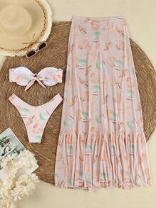 Novidade da Primavera/Verão: Conjunto de biquíni casual e sexy de 3 peças com estampa europeia e americana, perfeito para praia, férias e encontros. - Multicolorido - Ver 4