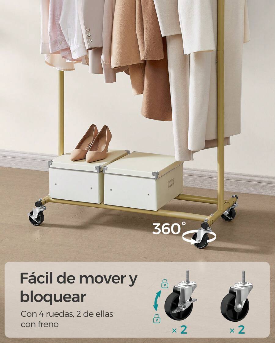 SONGMICS Perchero con ruedas, resistente, con barra extensible para colgar, capacidad de carga de 90 kg, fácil montaje, portátil, color dorado pálido/gris paloma/rosa gelatina - oro - Ver 1