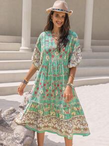 Rusttydustty 这款波西米亚绿色热带印花V领短袖连衣裙，适合日常穿着，也适合海边度假、音乐节和夏季旅行，尽显优雅气质。 - 綠色 - 查看 4