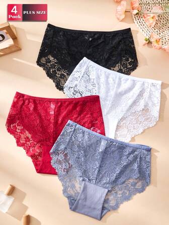4 Pcs Women's Plus Size Panties Mature Skin Friendly Lace Plus Size Triangle Panties