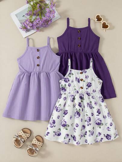 3-Piece Sets Young Girls Fashionable Floral Print & Solid Color Buttoned Casual Cami Dress