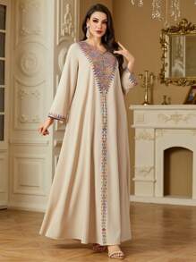 فستان طويل كاجوال أنيق للنساء في الربيع والصيف، رقبة على شكل حرف V، مطرز بالخرز، بسحاب، بأسلوب عربي، كفتان متواضع