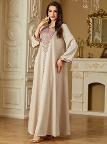 فستان طويل كاجوال أنيق للنساء في الربيع والصيف، رقبة على شكل حرف V، مطرز بالخرز، بسحاب، بأسلوب عربي، كفتان متواضع