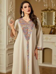 فستان طويل كاجوال أنيق للنساء في الربيع والصيف، رقبة على شكل حرف V، مطرز بالخرز، بسحاب، بأسلوب عربي، كفتان متواضع