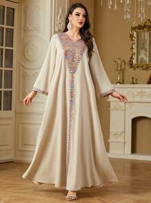 فستان طويل كاجوال أنيق للنساء في الربيع والصيف، رقبة على شكل حرف V، مطرز بالخرز، بسحاب، بأسلوب عربي، كفتان متواضع