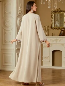 فستان طويل كاجوال أنيق للنساء في الربيع والصيف، رقبة على شكل حرف V، مطرز بالخرز، بسحاب، بأسلوب عربي، كفتان متواضع