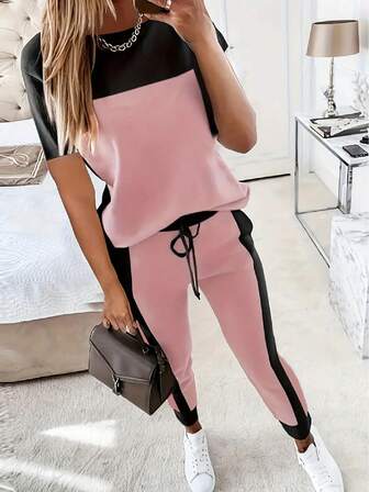 2pcs/Set Casual Patchwork Color Block Short Sleeve T-Shirt And Long Pants Outfit