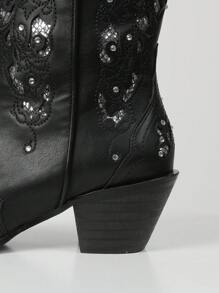 Women's Rhinestone Western Victorian Cowboy Boots Chunky Heel Pull On Pointed Toe Vintage Embroider Cowgirl Shoes - 黑A - 查看 4