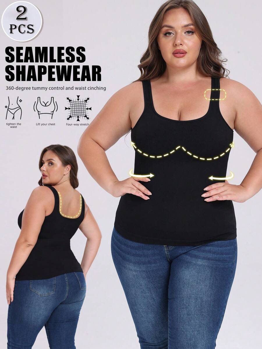 2pcs/Set Women Plus Size Comfortable Breathable Solid Color Adjustable Strap Shapewear Tops - Black - View 1