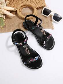 Damskie letnie sandały retro z koralikami, płaskie tkane, codzienne kapcie na zewnątrz