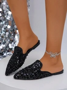 Fashion Bow-Knot Pointed Toe Flat Slippers,Easy Slip-On, Daily Wear, Spring/Summer/Autumn, Plus Size 35-45 - Black - View 4