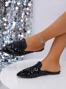 Fashion Bow-Knot Pointed Toe Flat Slippers,Easy Slip-On, Daily Wear, Spring/Summer/Autumn, Plus Size 35-45 - Black - View 2
