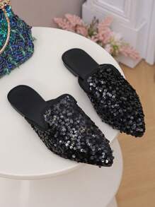 Fashion Bow-Knot Pointed Toe Flat Slippers,Easy Slip-On, Daily Wear, Spring/Summer/Autumn, Plus Size 35-45 - Black - View 7