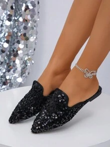 Fashion Bow-Knot Pointed Toe Flat Slippers,Easy Slip-On, Daily Wear, Spring/Summer/Autumn, Plus Size 35-45 - Black - View 3