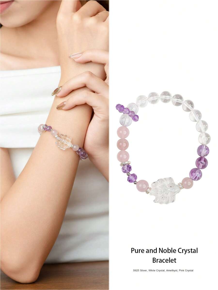 VE 1pc High-Quality Silver Natural Crystal Bracelet, Made Of Dazzling Crystal Infused With Nine-Tailed Fox, Symbolizing Auspiciousness And Protection. White Crystal Emits Pure Energy To Promote Serenity. Unique Design Showcases Elegance And Charm Of The Wearer. Jewelry Color Random.