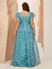(No Floral Pattern) V-Neck Embroidered Lace Ruffle Sleeve Front Slit High-End Formal Gown - Baby Blue - View 2