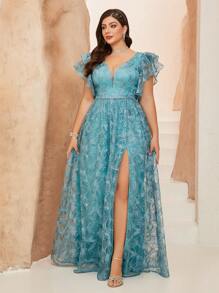 (No Floral Pattern) V-Neck Embroidered Lace Ruffle Sleeve Front Slit High-End Formal Gown - Baby Blue - View 4