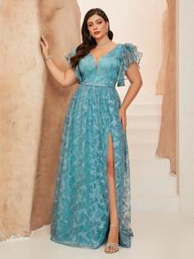 (No Floral Pattern) V-Neck Embroidered Lace Ruffle Sleeve Front Slit High-End Formal Gown - Baby Blue - View 3