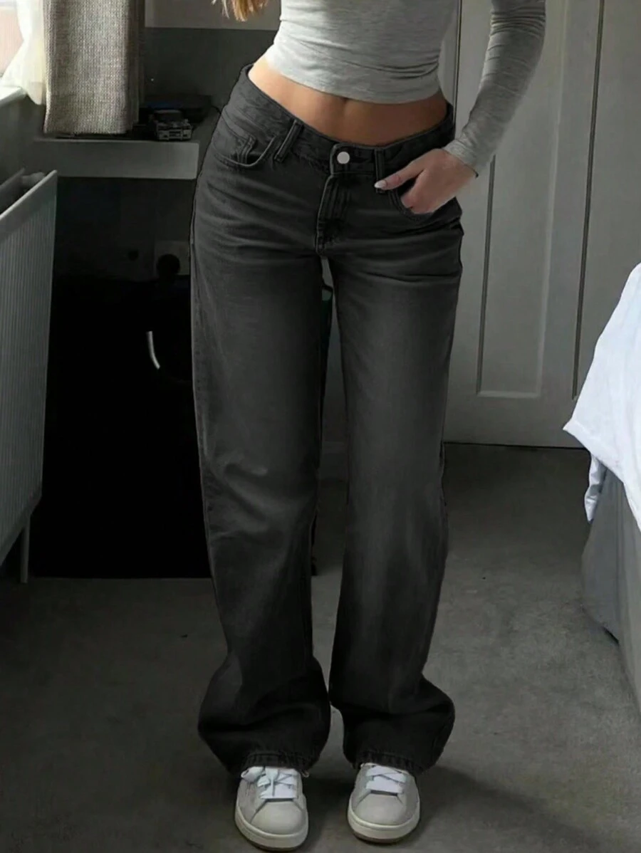 欧美新款流行四季简约基本款百搭宽松感女士直筒牛仔裤 - 深灰色 - 查看 1