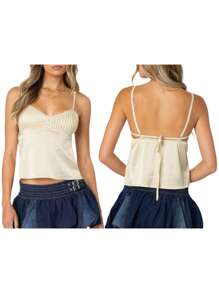 Women Y2k Crop Cami Tops Lace Trim Camisole Slim Fitted V Neck Tie Back Spaghetti Strap Backless Crop Tank Tops Sleeveless Vest Shirts Summer Going Out Tops Clubwear Streetwear - 黃色 - 查看 2