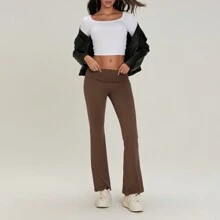 Women Summer Fold Over Waistband Stretchy Yoga Pants Flared Pants Leggings - Reddish Brown - View 4