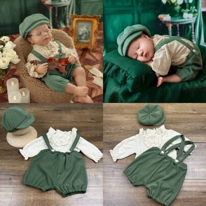 Zestaw 3 strojów do fotografii noworodkowej – czapka, koszula, ogrodniczki, ubranka na sesję zdjęciową, akcesoria do baby shower, prezenty wielkanocne, rzeczy dla dziewczynek/chłopców