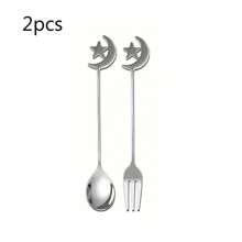 2/4 件套奢华创意不锈钢咖啡和甜点勺叉套装，带月亮和星星设计，迷你搅拌勺，情侣餐具，适合家庭、户外、酒店厨房使用，斋月快乐礼盒套装