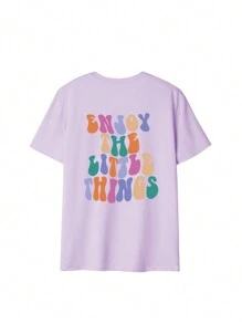 女士彩色字母印花圆领短袖休闲T恤，适合春夏穿着，时尚百搭，日常休闲皆宜。图案T恤，女款，白色上衣，粉色上衣，假日装扮 - 紫色 - 查看 4