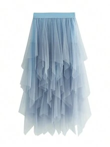 2025 Women's Sexy Solid Color Mesh Skirt, Irregular Elastic Tulle Bubble Skirt, Daily Life And Vacation - 藍色 - 查看 1