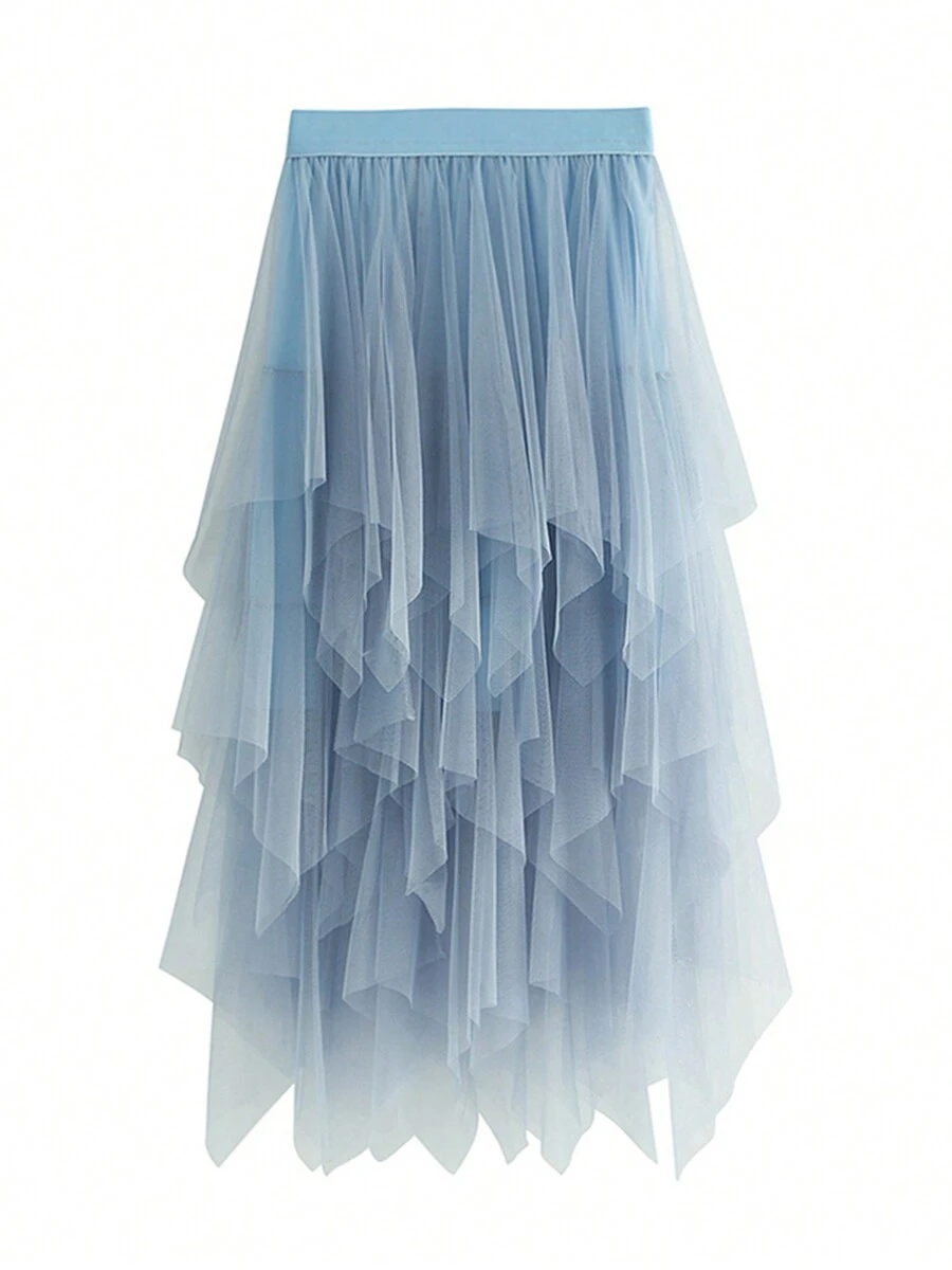 2025 Women's Sexy Solid Color Mesh Skirt, Irregular Elastic Tulle Bubble Skirt, Daily Life And Vacation - 藍色 - 查看 1