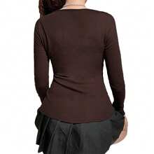 Women's Y2k Knitted Tops Lace Stitching Neckline Bowknot Fron Slim-Fit Long Sleeve Shirt Fairy Grunge Aesthetic Clothes Streetwear - 棕色 - 查看 3