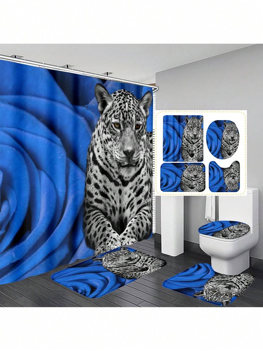1pc/4pcs Valentine's Day Blue Rose & Leopard Print Bathroom Decor Set: Waterproof Shower Curtain With 12 Hooks, Anti-Slip Bath Mat, U-Shaped Toilet Cover Mat, Multi-Functional Bathroom Accessories - Multicolor - View 1