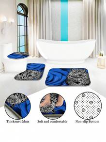 1pc/4pcs Valentine's Day Blue Rose & Leopard Print Bathroom Decor Set: Waterproof Shower Curtain With 12 Hooks, Anti-Slip Bath Mat, U-Shaped Toilet Cover Mat, Multi-Functional Bathroom Accessories - Multicolor - View 9
