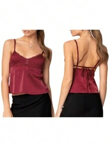 Women Y2k Crop Cami Tops Lace Trim Camisole Slim Fitted V Neck Tie Back Spaghetti Strap Backless Crop Tank Tops Sleeveless Vest Shirts Summer Going Out Tops Clubwear Streetwear - 紅色 - 查看 2
